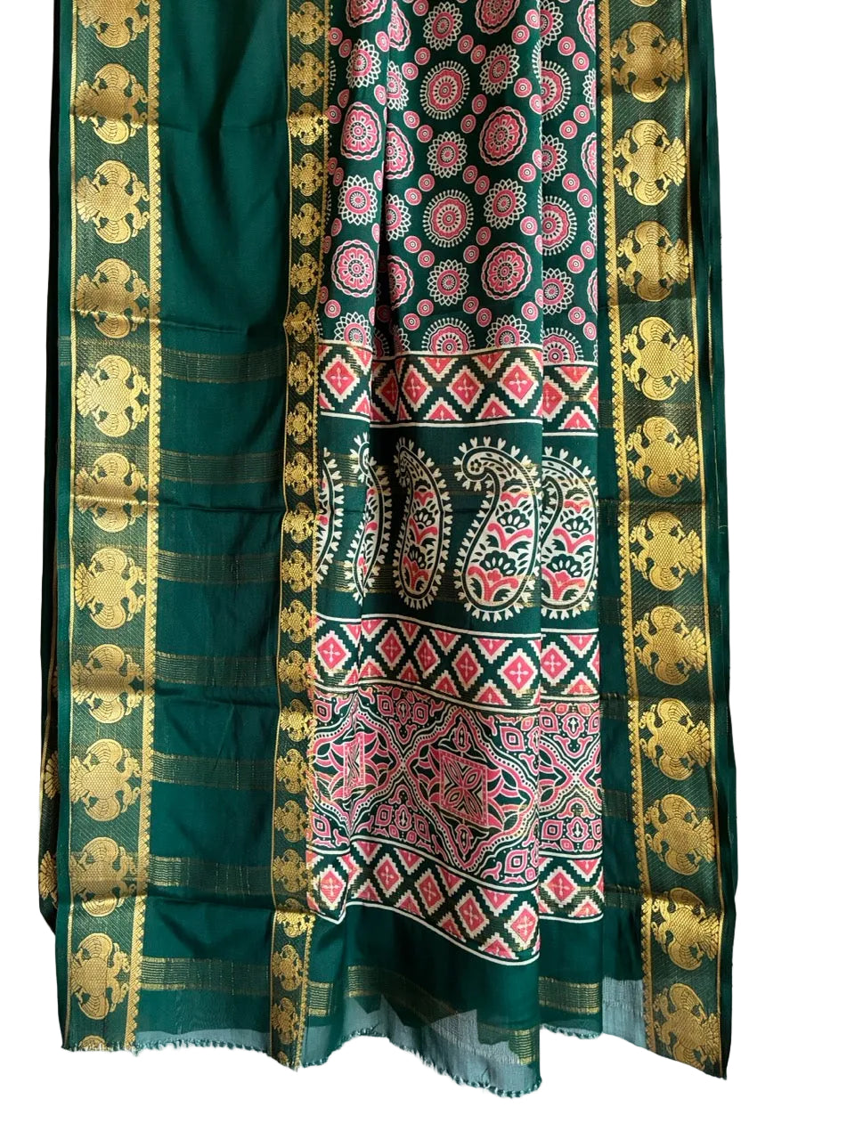 Detailed view of rich green saree pallu with intricate Gandhabherunda weave for festive gatherings