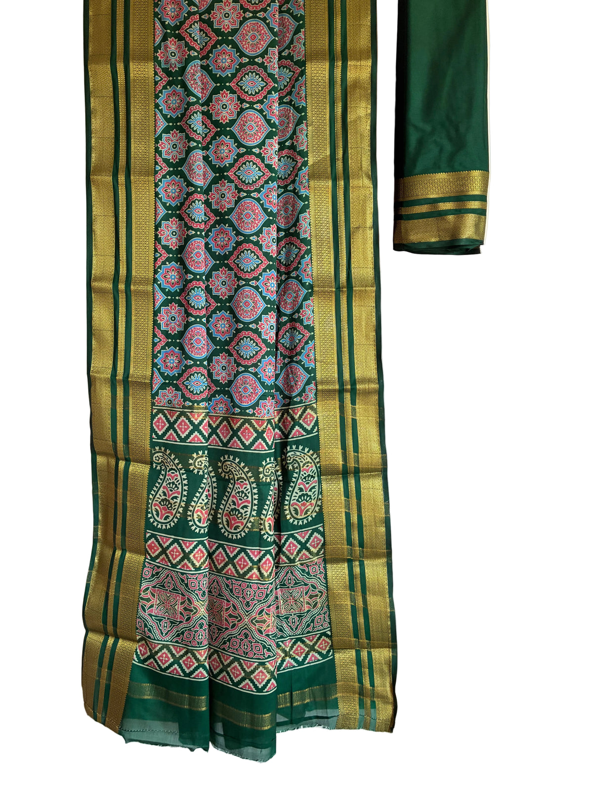 Bottle green modal silk saree with floral and geometric motifs full drape view Aariyaa studio Bangalor