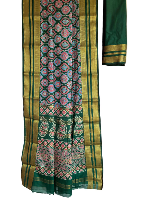 Bottle green modal silk saree with floral and geometric motifs full drape view Aariyaa studio Bangalor