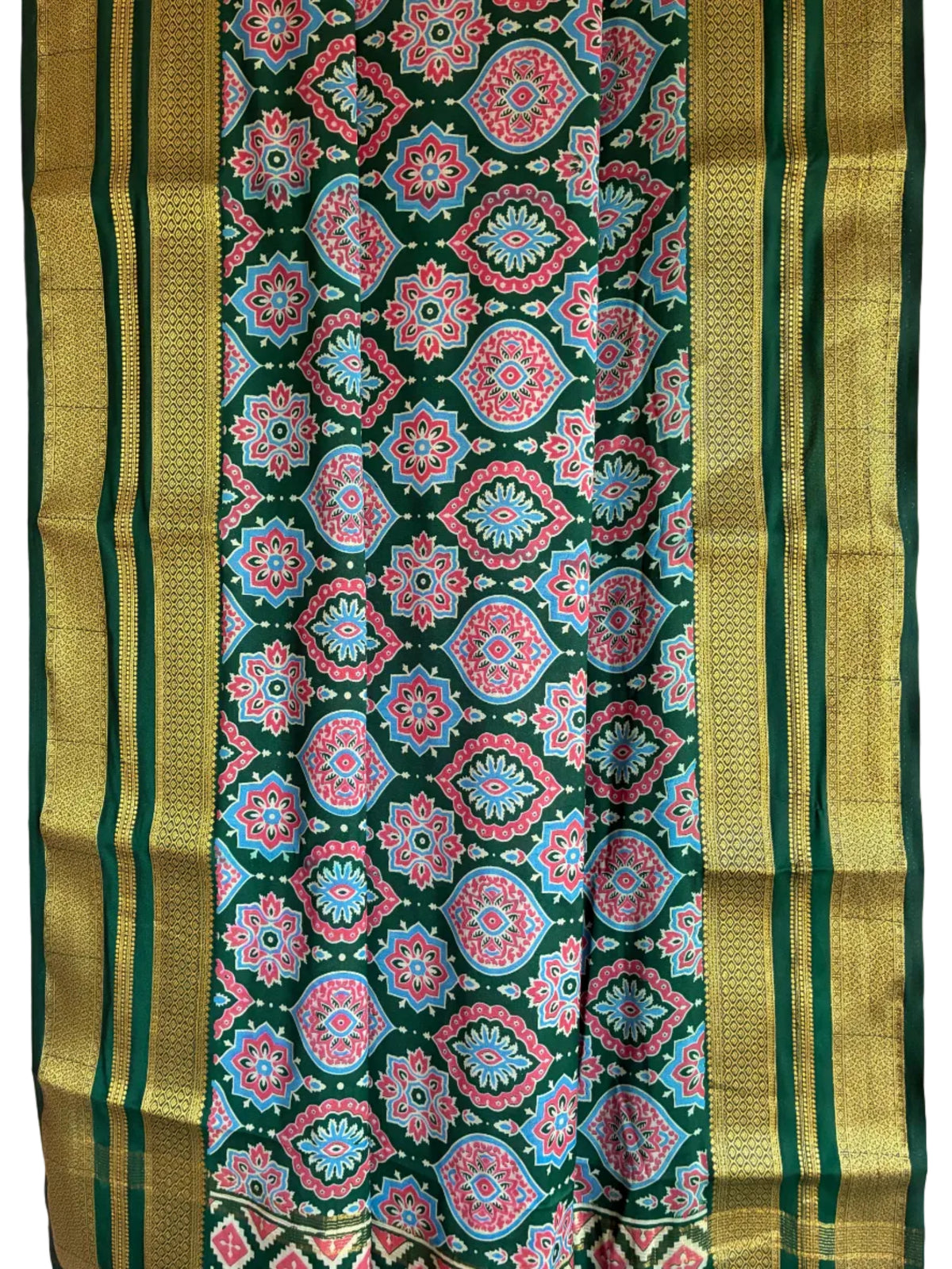 Close up of soft breathable bottle green modal silk fabric with pink blue cream motifs and gold border