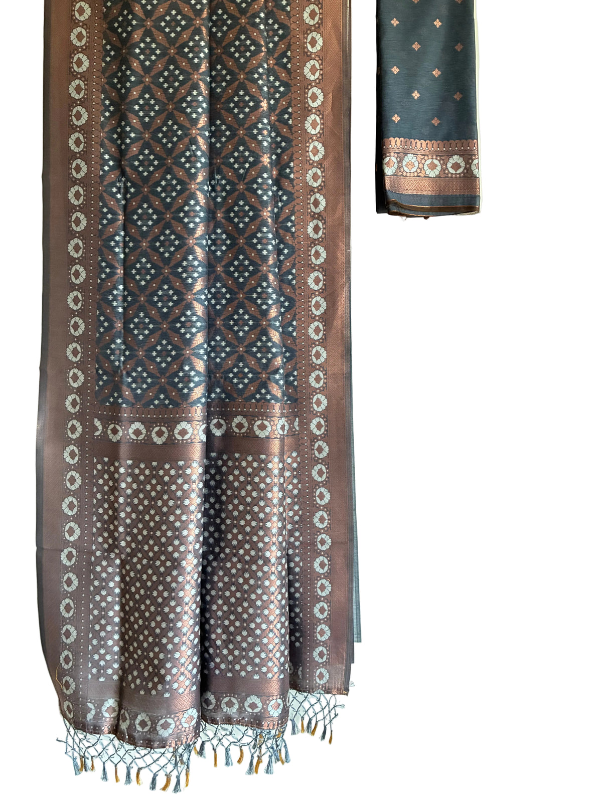 Charcoal grey metallic saree dotted with copper motifs and silver floral border full drape view Aariyaa studio Bangalore