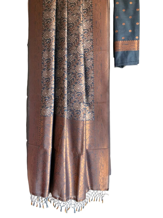 Graceful grey Banarasi style saree with metallic copper paisley motifs full drape view Aariyaa sarees Bengaluru
