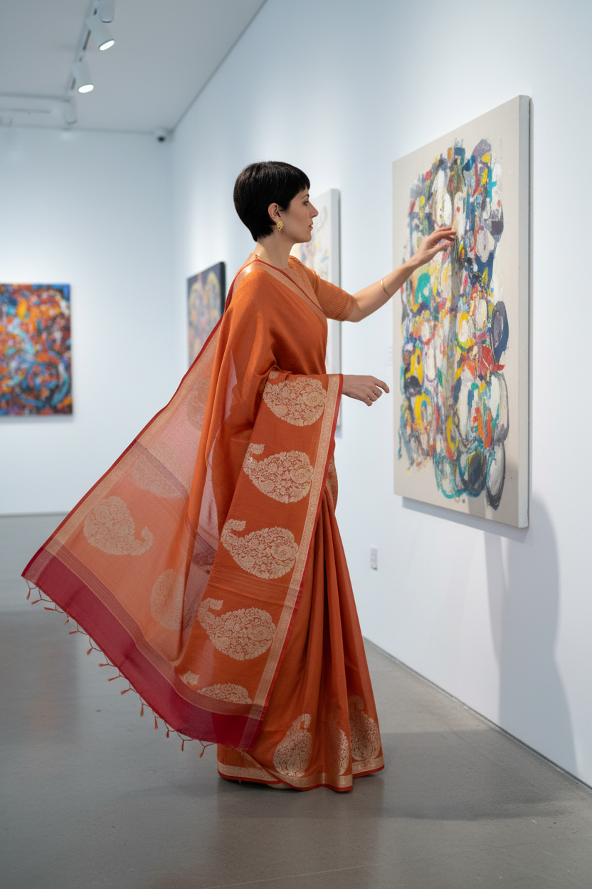 Italian Art Curator - Burnt Orange Saree One-Sided Paisley Border