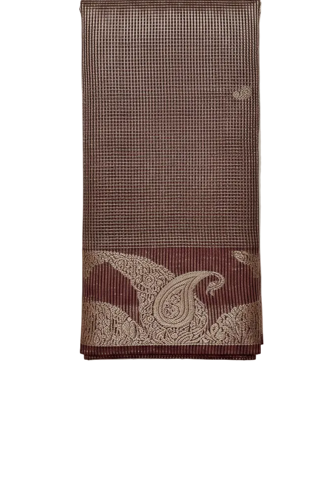 Deep Burgundy / Purple Tissue Silk Saree with Gold Paisley Border & Antique Gold Stripe Pallu