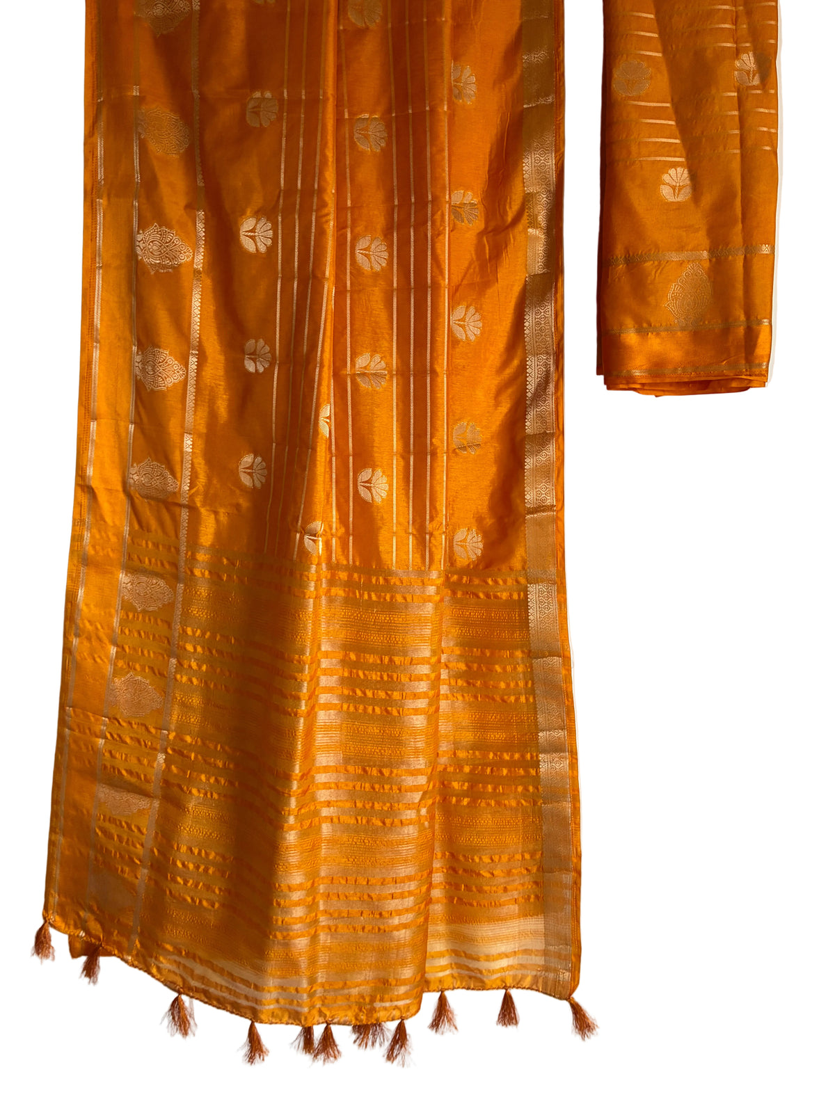 Meenakari yellow saree with gold floral motifs and fine vertical stripes full drape view Aariyaa sarees Bengaluru