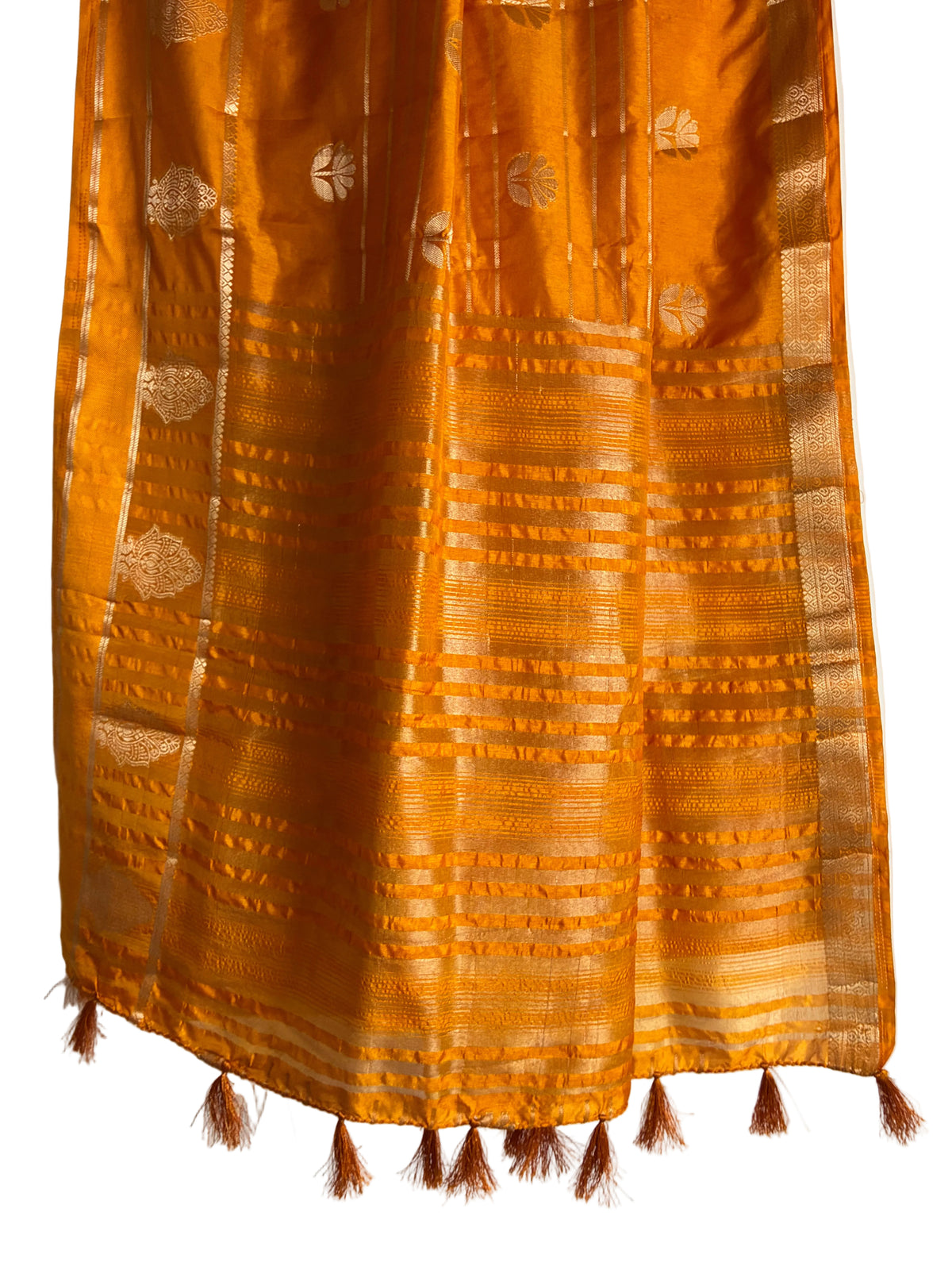 Detailed view of richly detailed meenakari yellow saree pallu with intricate patterns and tassels