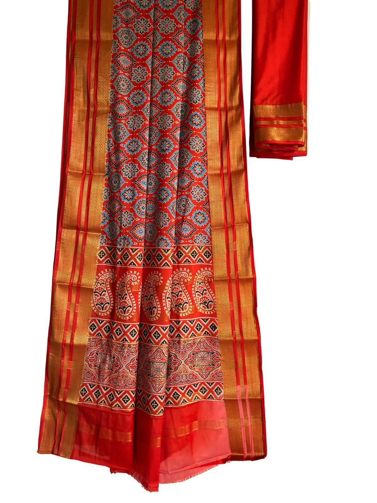 Traditional orange saree with Gandhabherunda double headed bird motifs full drape view Aariyaa sarees Bengaluru