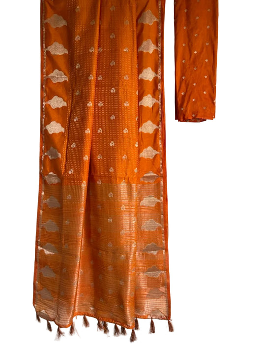 Vibrant orange saree with gold tone butis and leaf motif border full drape view Aariyaa studio Bangalore