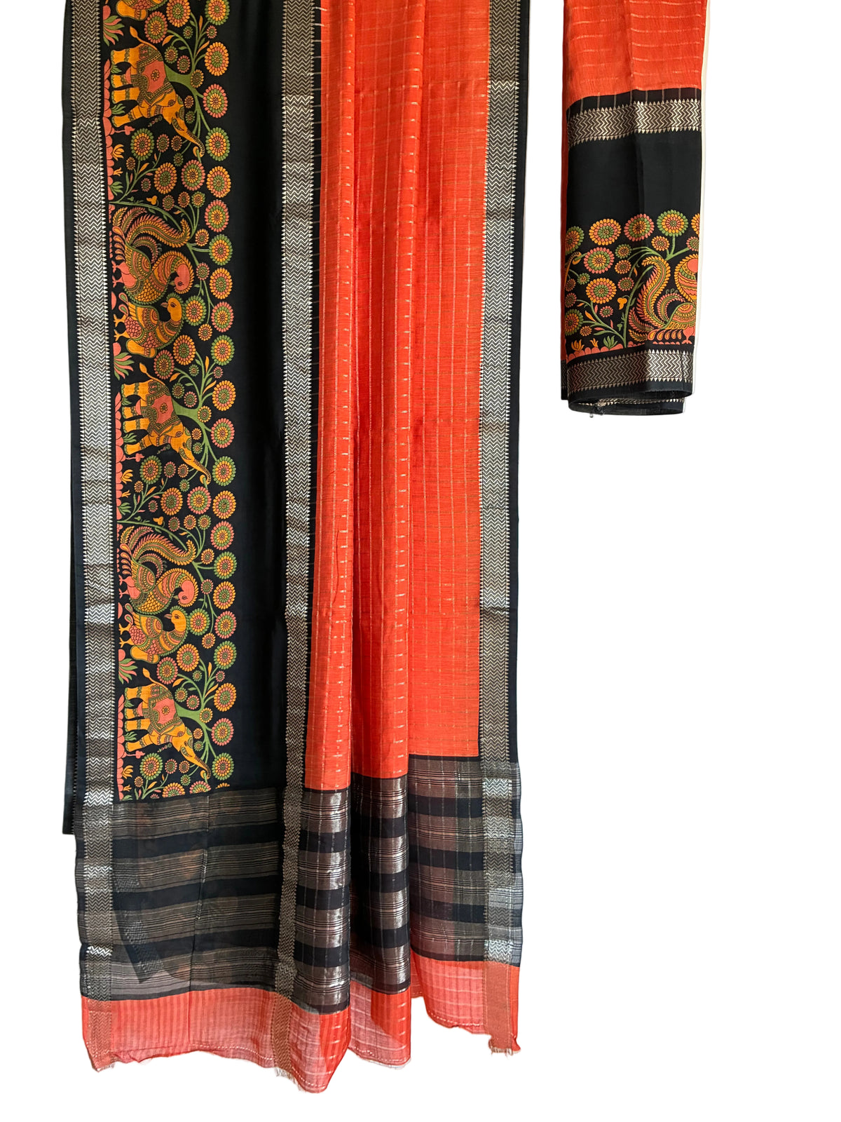 Orange Kalamkari saree with striking black contrast border full drape view Aariyaa studio Bangalore