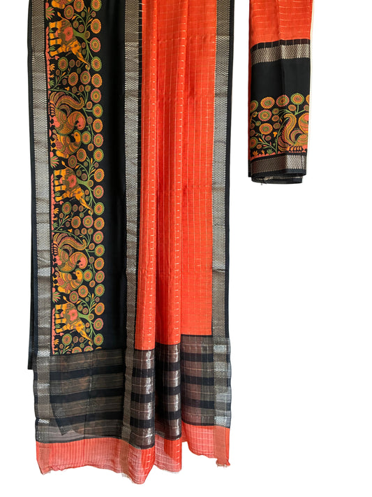 Orange Kalamkari saree with striking black contrast border full drape view Aariyaa studio Bangalore