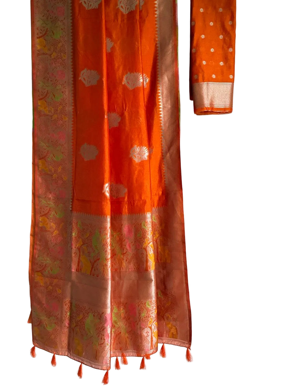 Radiant orange saree with gold floral elephant and bird motifs full drape view Aariyaa sarees Bengaluru