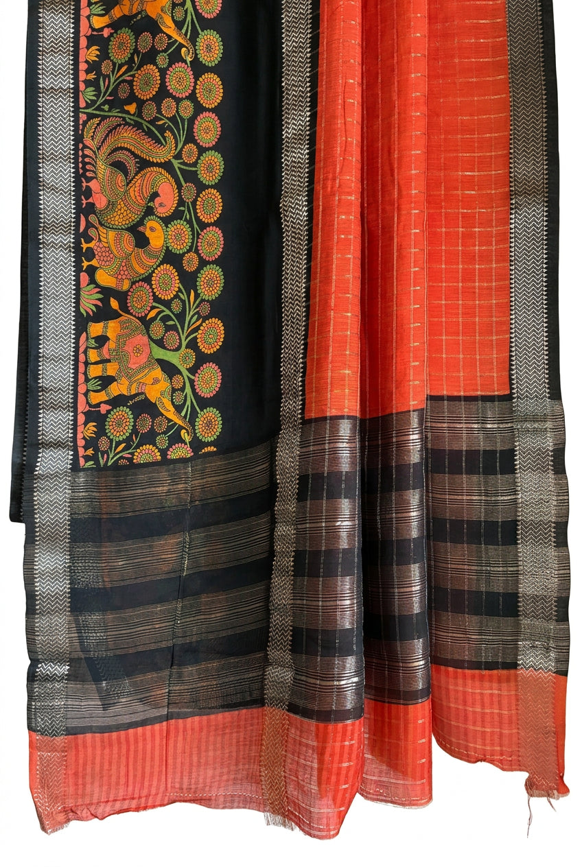 Detailed view of artistic orange and black Kalamkari saree pallu for cultural gatherings