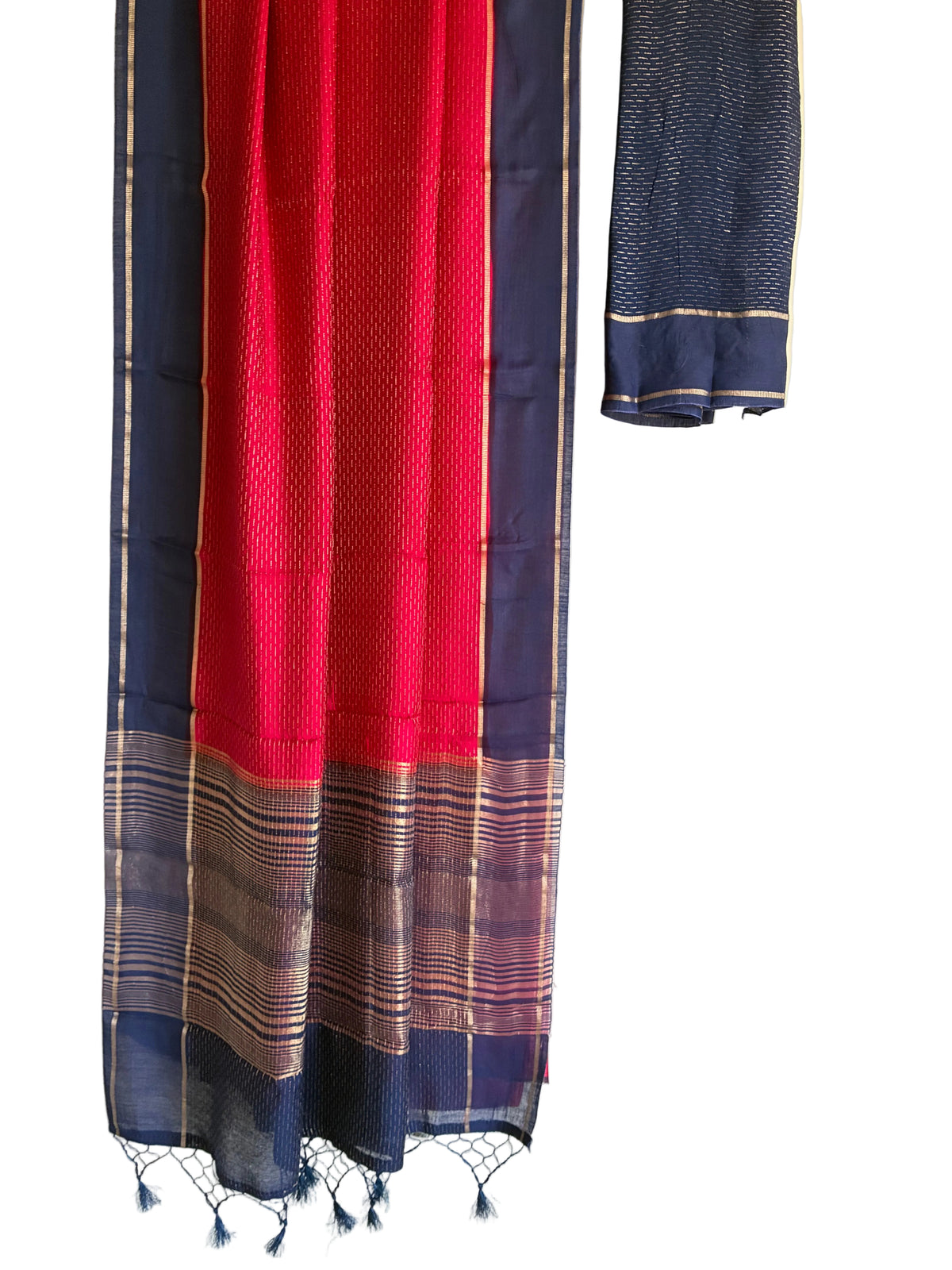Vibrant pink Assam silk saree with gold detailing navy blue border full drape view Aariyaa Bangalore