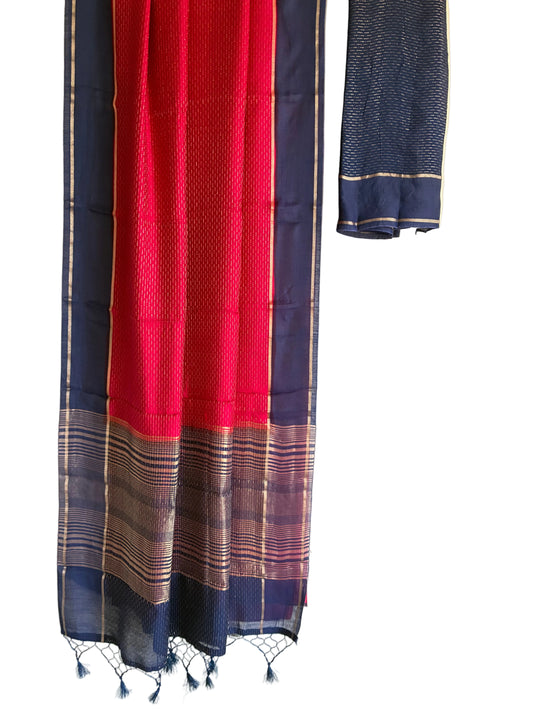 Vibrant pink Assam silk saree with gold detailing navy blue border full drape view Aariyaa Bangalore