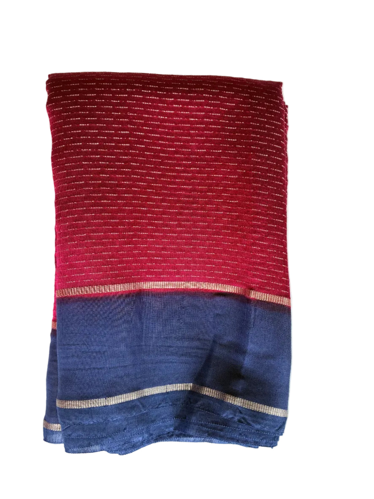 Neatly folded vibrant pink Assam silk saree showing navy blue border and gold-toned body details - aariyaa studio bengaluru 