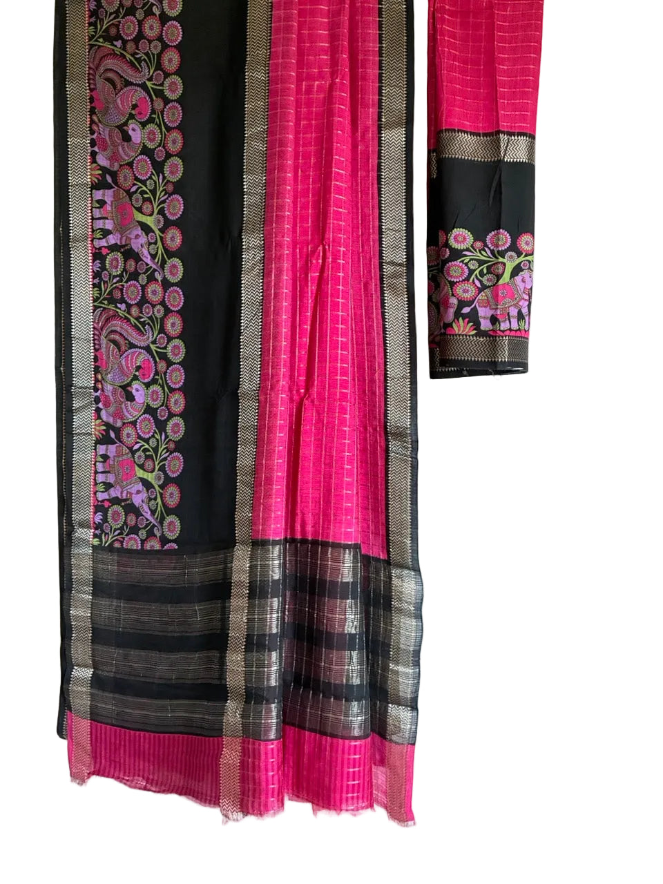 Pink Kalamkari saree with striking black contrast border full drape view Aariyaa studio Bangalore