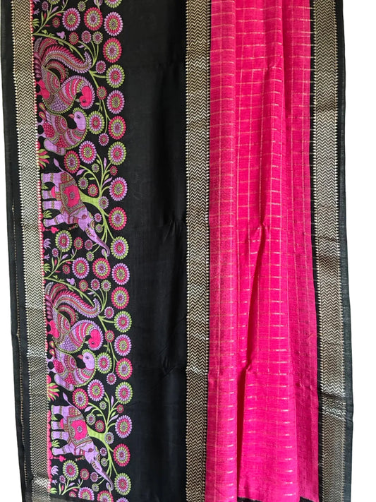 Close up of soft breathable pink saree fabric featuring intricate Kalamkari motifs and black accents