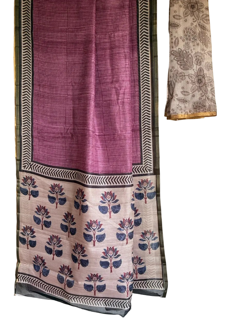 Onion pink Kota Doria saree with black chevron border full drape view Aariyaa sarees Bengaluru