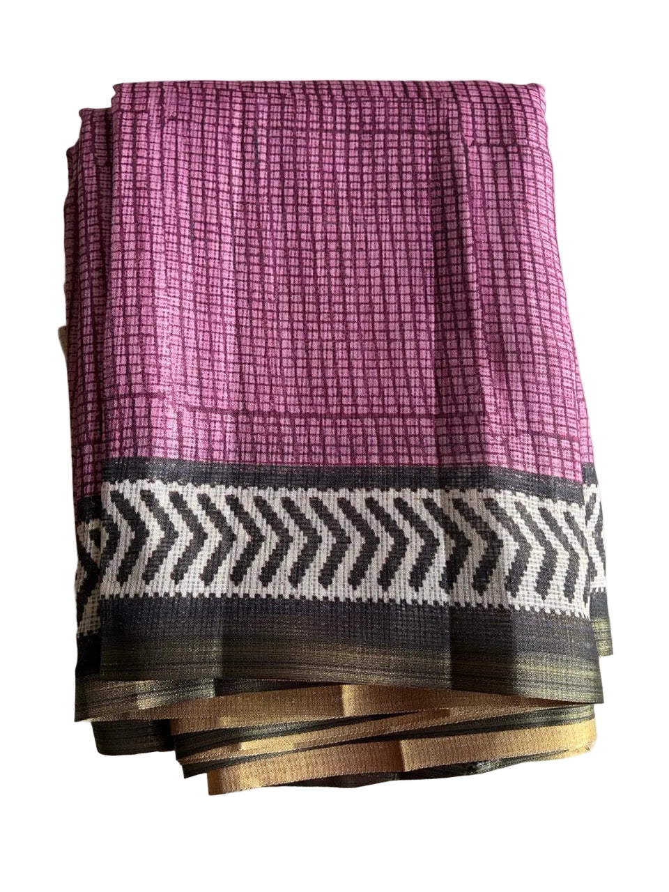 Neatly folded light comfortable onion pink Kota Doria saree showcasing chevron border detail