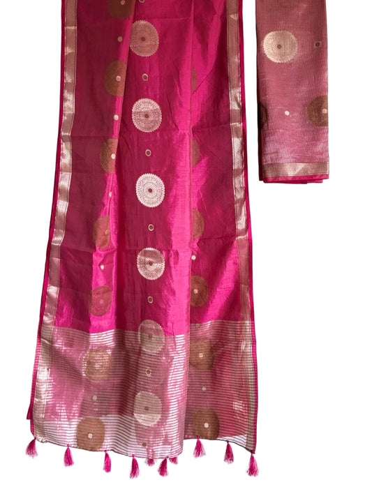 Radiant pink saree with gold mandala chakra motifs full drape view Aariyaa studio Bangalore