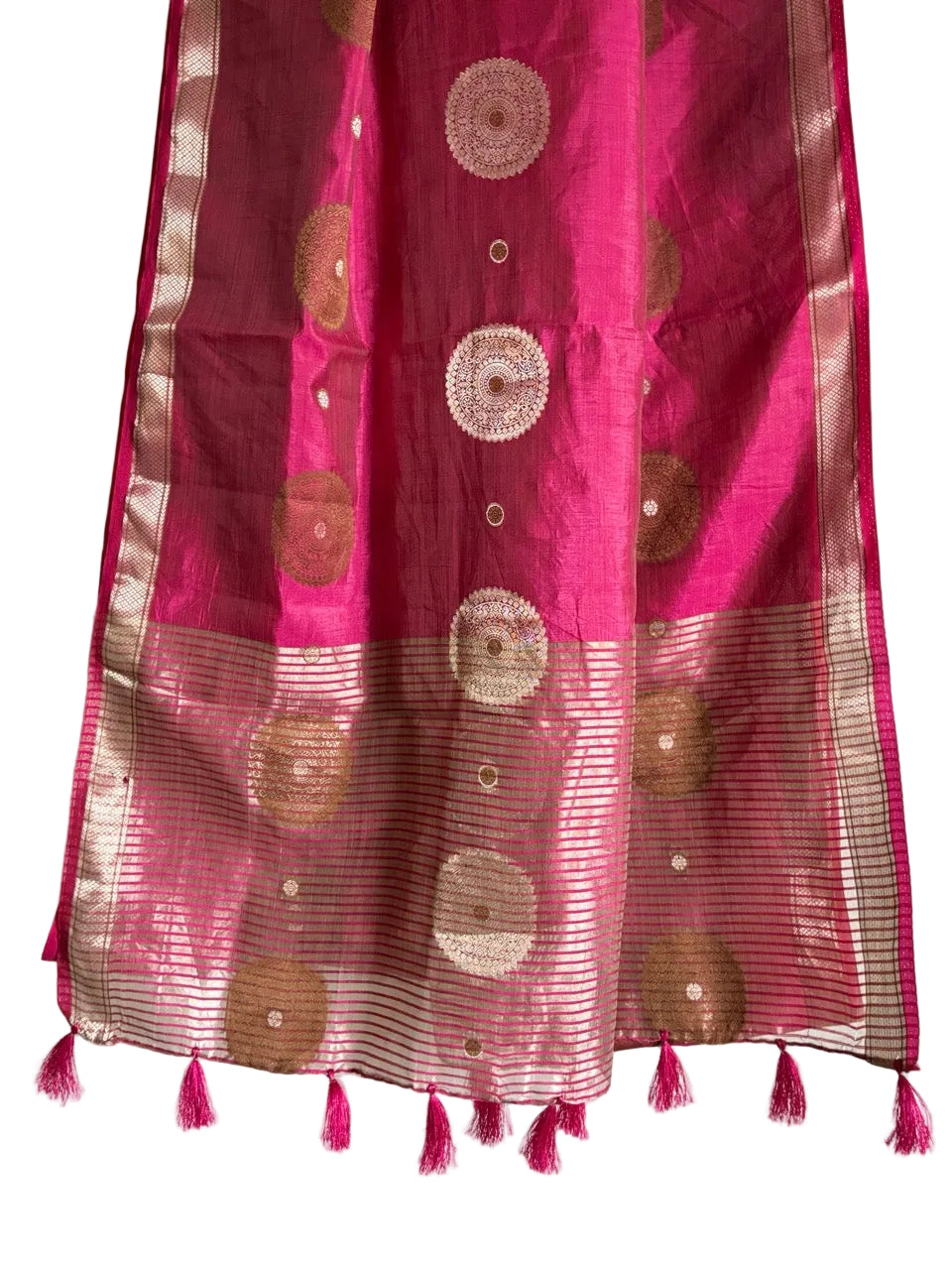 Detailed view of luminous striped pink saree pallu with gold detailing and pink tassels