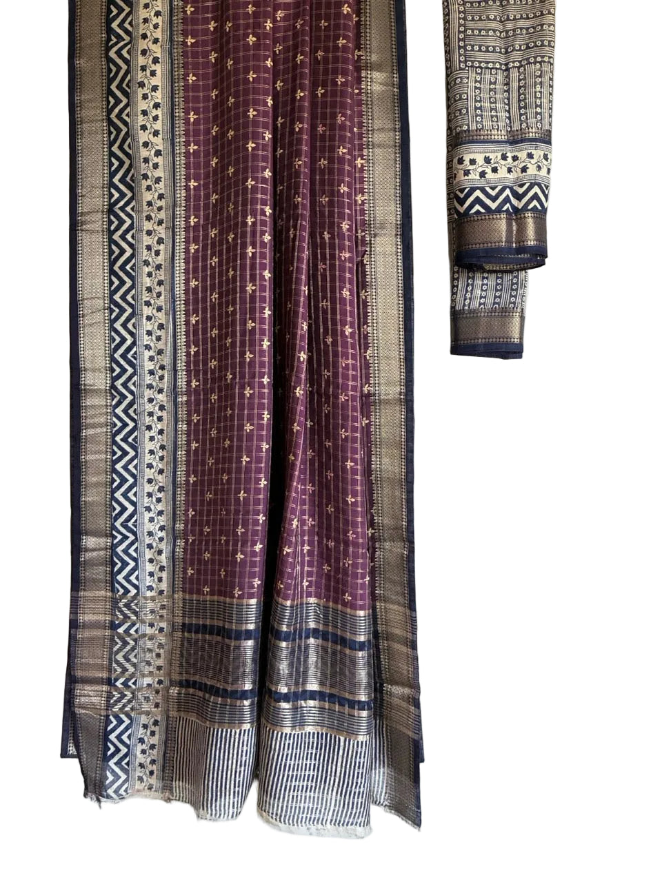 Rich purple checked saree with indigo and ivory floral border full drape view Aariyaa studio Bangalore