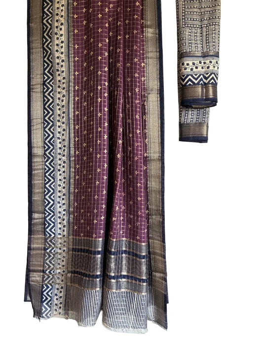 Rich purple checked saree with indigo and ivory floral border full drape view Aariyaa studio Bangalore
