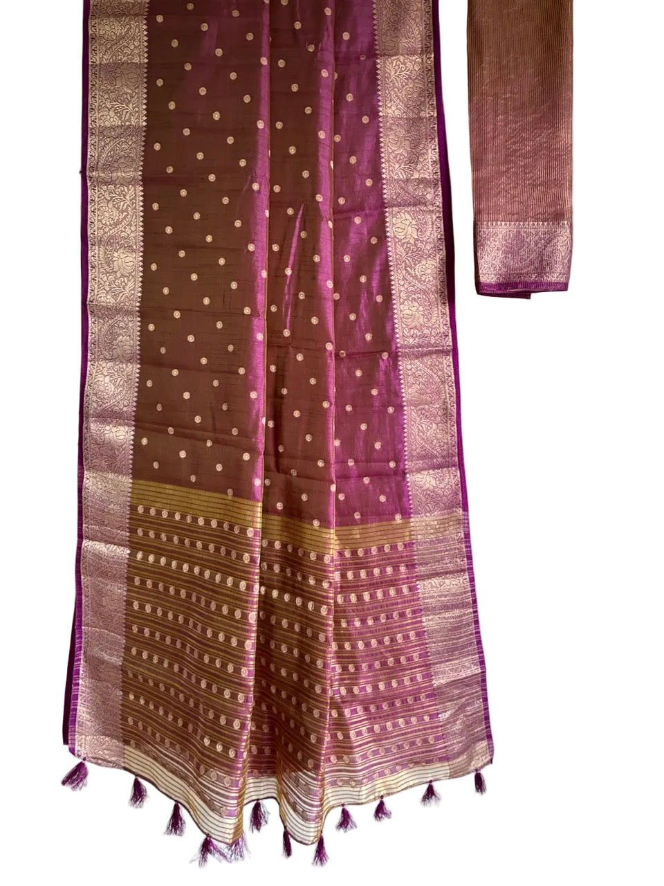 Purple saree dotted with gold butti motifs and intricate floral border full drape view Aariyaa studio Bangalore