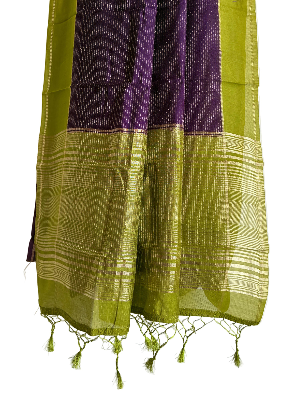 purple lime green with minimal gold zari assam silk elegant wear classic soft light aariyaa saree - pallu details 