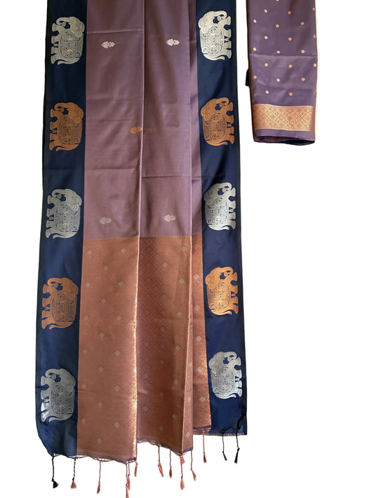 Saree with scattered body motifs and navy elephant border full drape view Aariyaa studio Bangalore