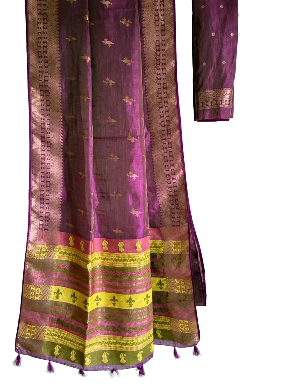 Purple saree with bold contrast pallu full drape view Aariyaa studio Bangalore