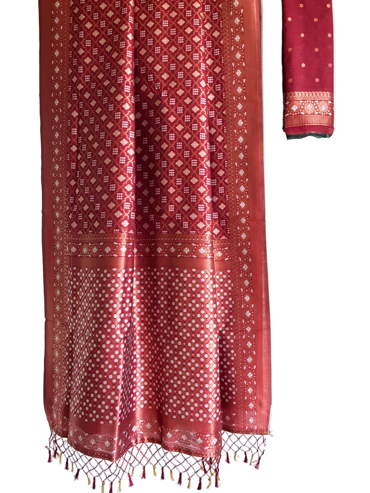 Rich red Banarasi style saree with shimmering gold geometric motifs full drape view Aariyaa sarees Bengaluru