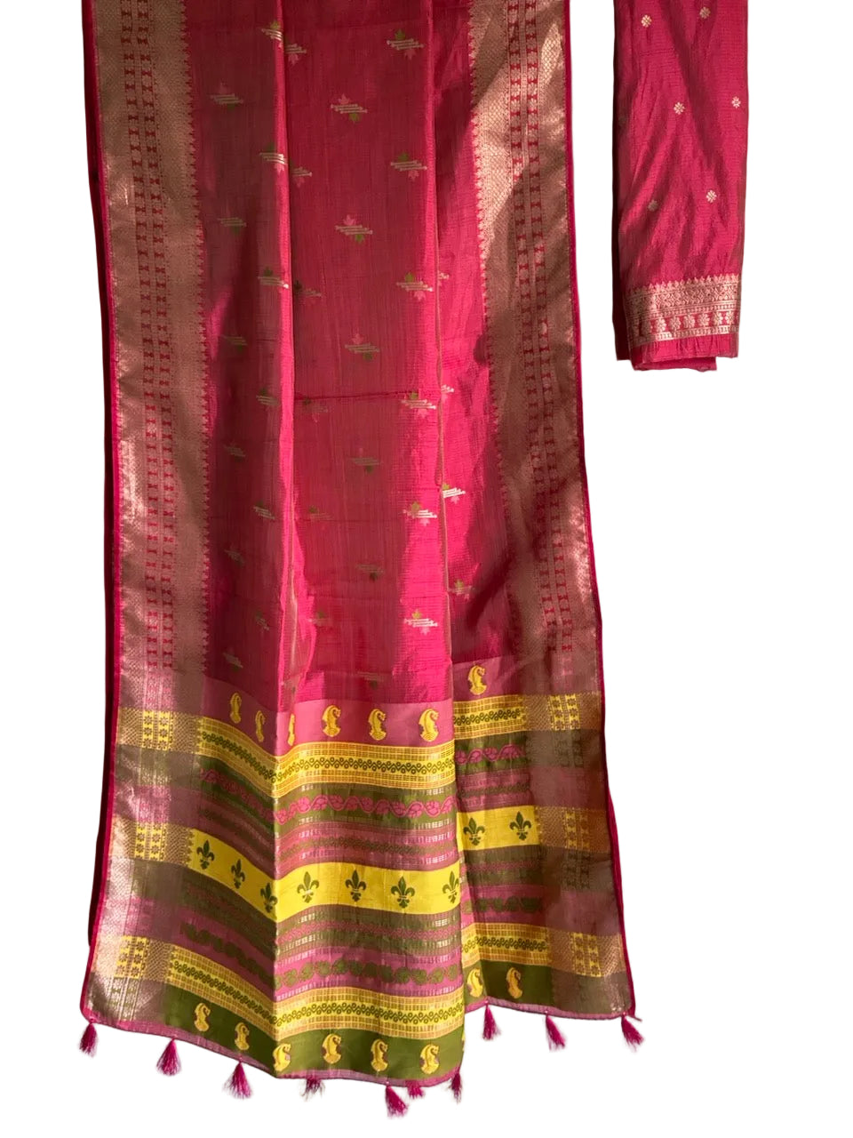 Red saree with bold contrast pallu full drape view Aariyaa studio Bangalore