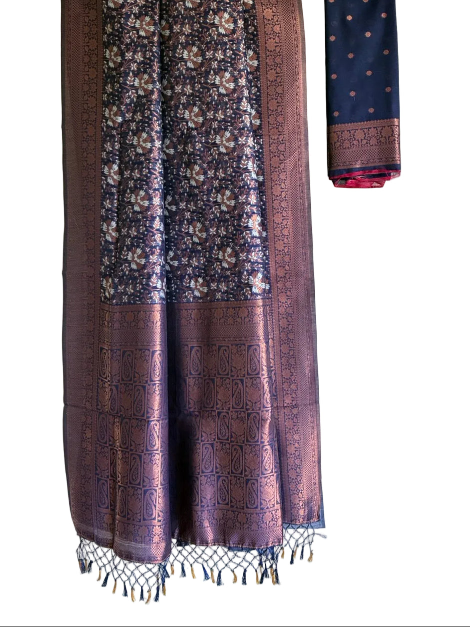 Royal blue Banarasi silk saree with copper and silver metallic weave full drape view Aariyaa sarees Bengaluru