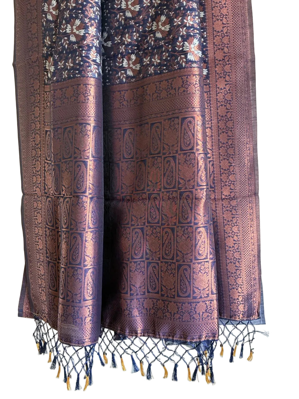 Detailed view of luxurious royal blue Banarasi saree pallu with copper and silver metallic sheen