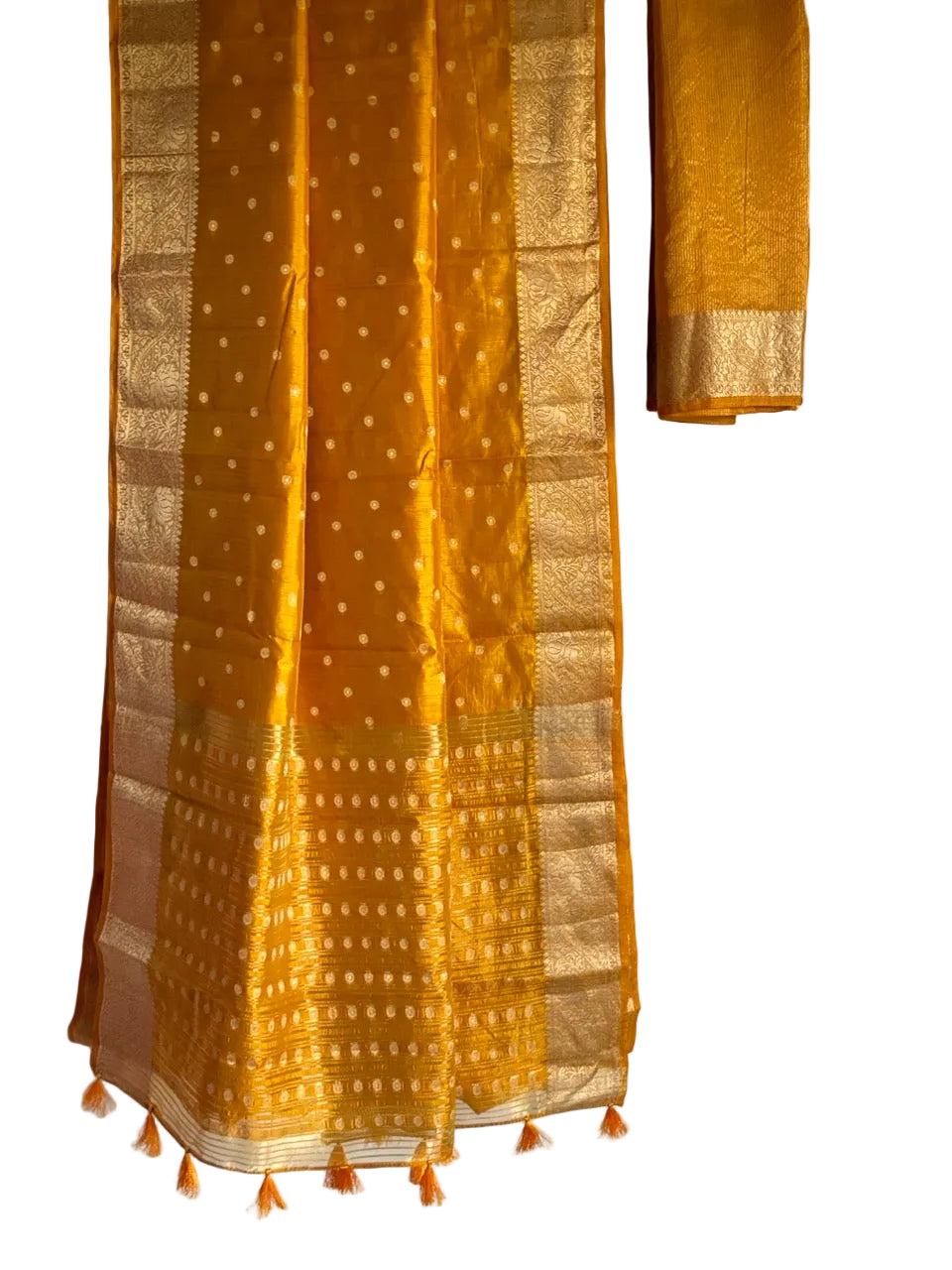 Golden yellow saree dotted with gold butti motifs and intricate floral border full drape view Aariyaa studio Bangalore