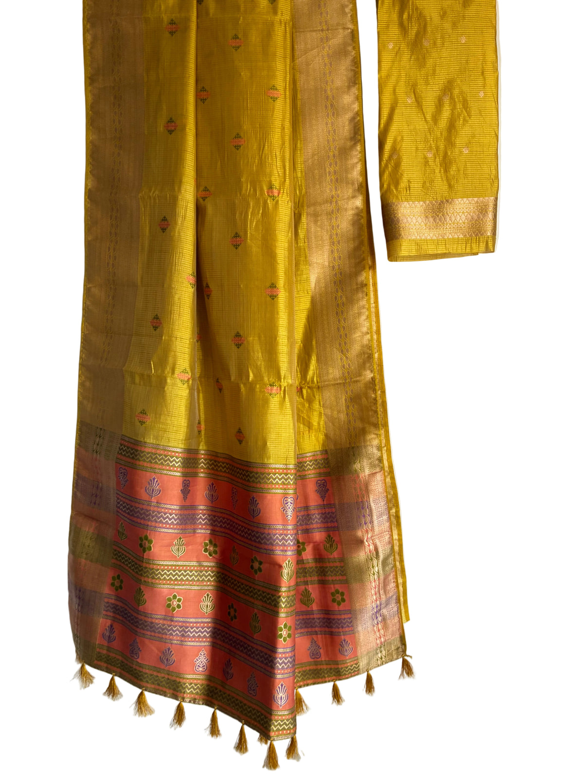 Vibrant yellow saree dotted with multicolour buttas and antique gold border full drape view Aariyaa sarees Bengaluru