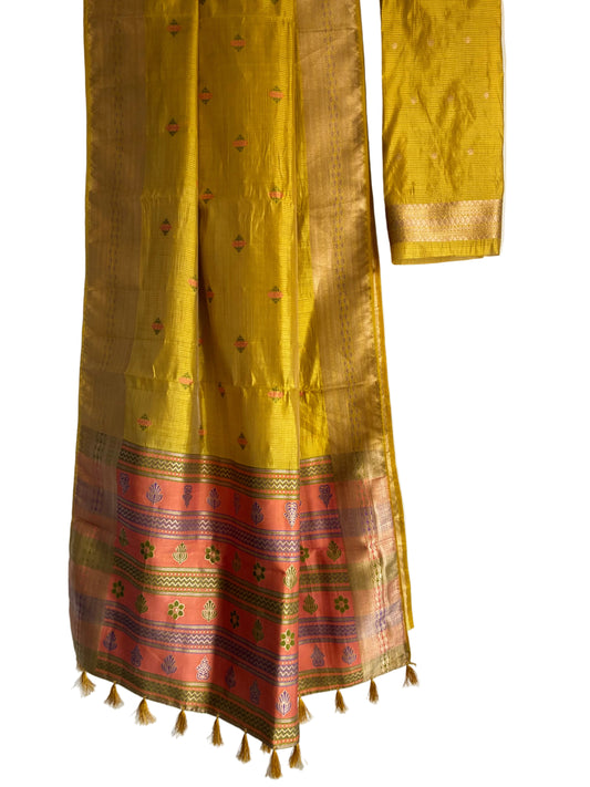 Vibrant yellow saree dotted with multicolour buttas and antique gold border full drape view Aariyaa sarees Bengaluru