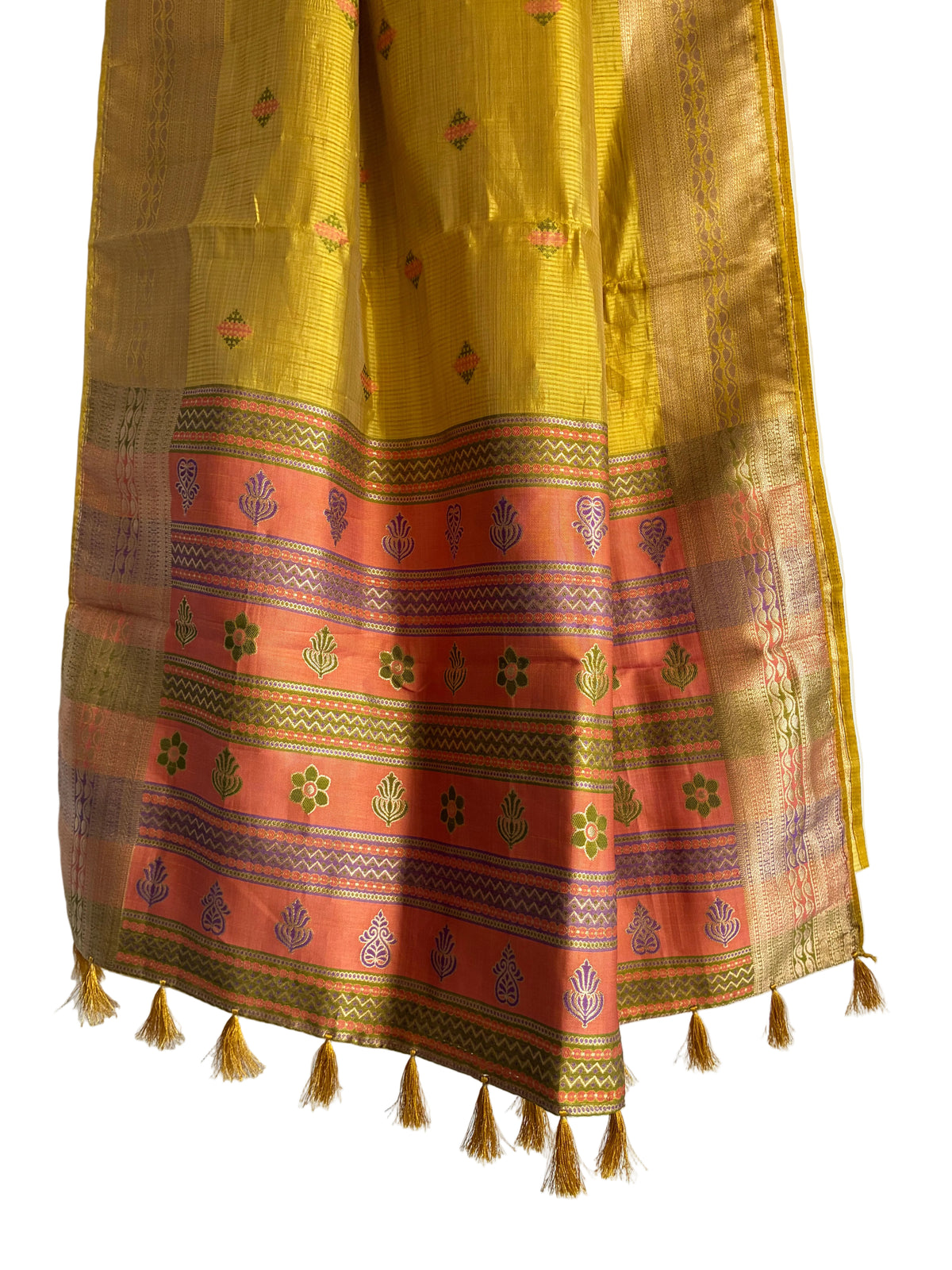 Detailed view of contrasting pallu featuring colorful motifs and patterned bands with tassel detail