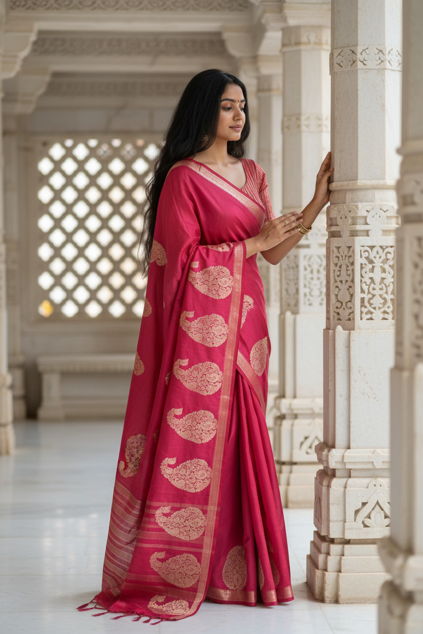 Young Indian Woman at Jain Temple - Magenta Banarasi Saree